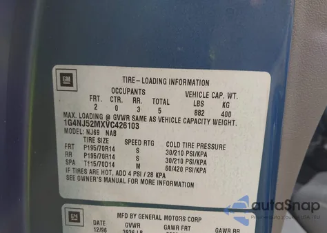 1997 Buick Skylark Custom Cmi из США, поврежденный, VIN 1G4NJ52MXVC426103